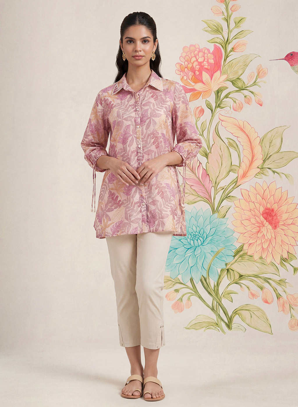 Aro Peach Floral Printed Shirt