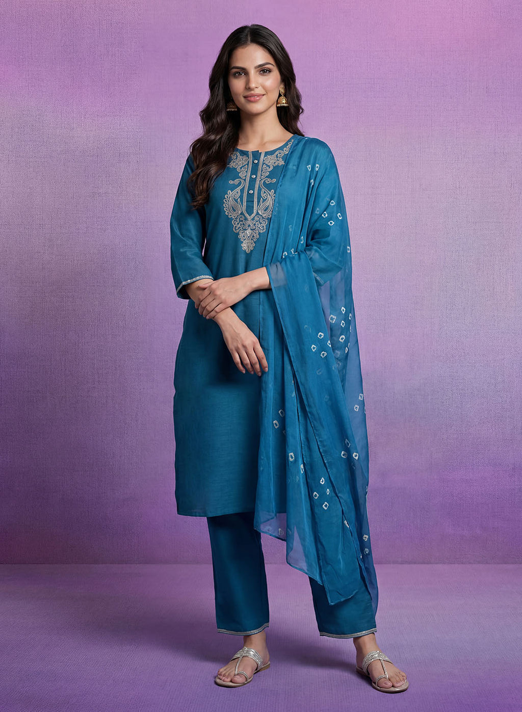 Blue Embroidered Straight Suit Set with Dupatta