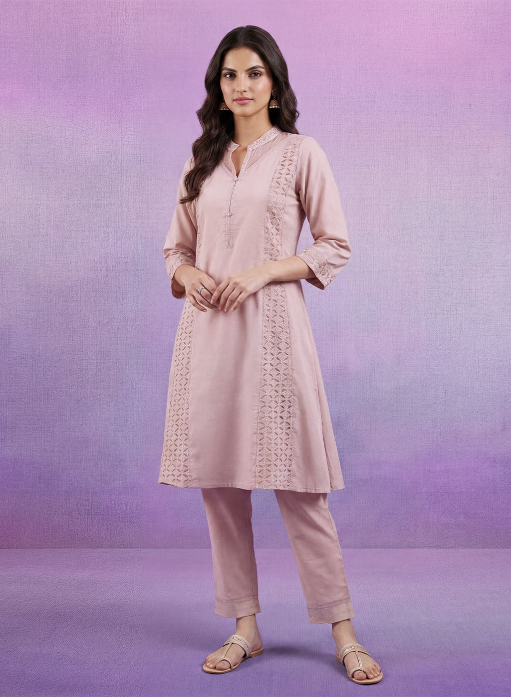 Cream Embroidered A-line Kurta Set