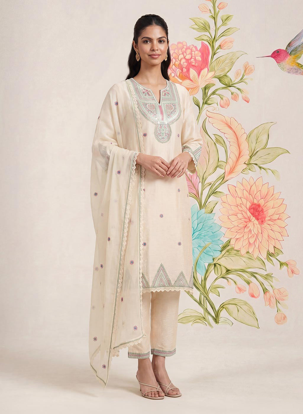 Albeli Ivory Embroidered A-line Suit Set with Dupatta