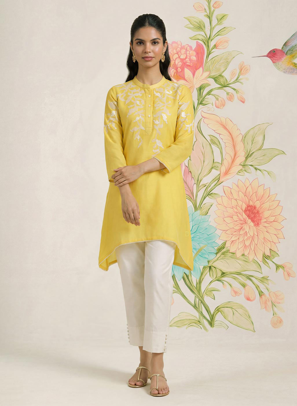 Intira Yellow Embroidered A-line Kurta
