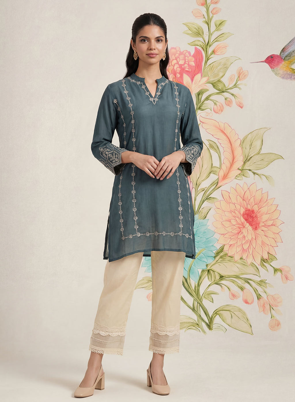 Akshi Teal Embroidered A-line Linen-blend Tunic