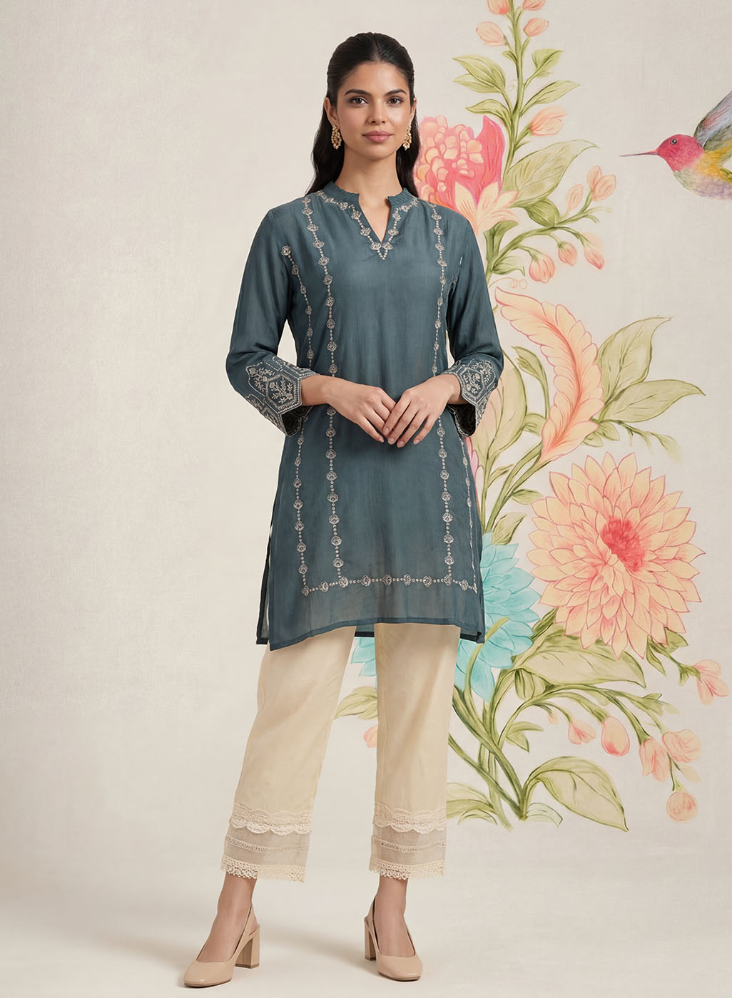 Akshi Teal Embroidered A-line Linen-blend Tunic