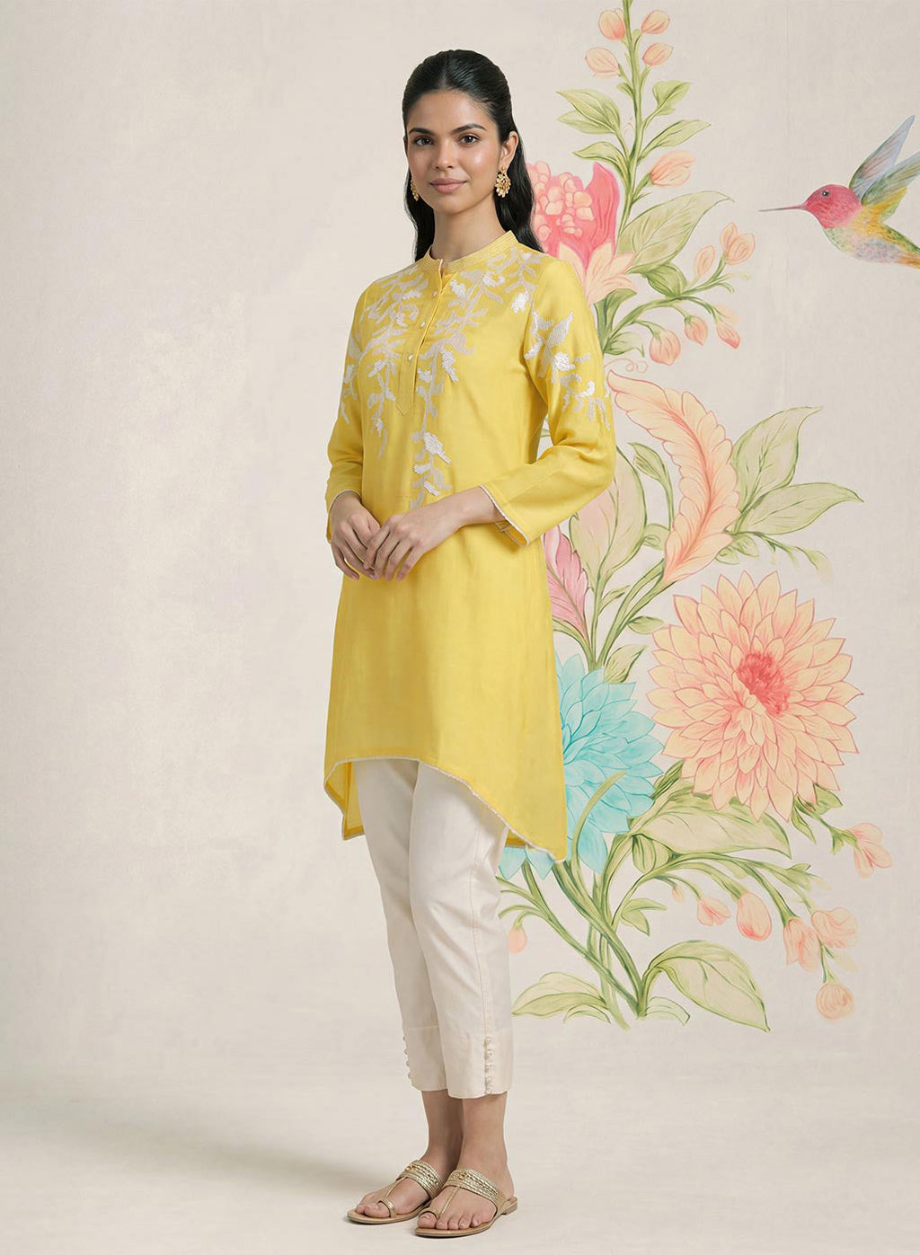 Intira Yellow Embroidered A-line Kurta