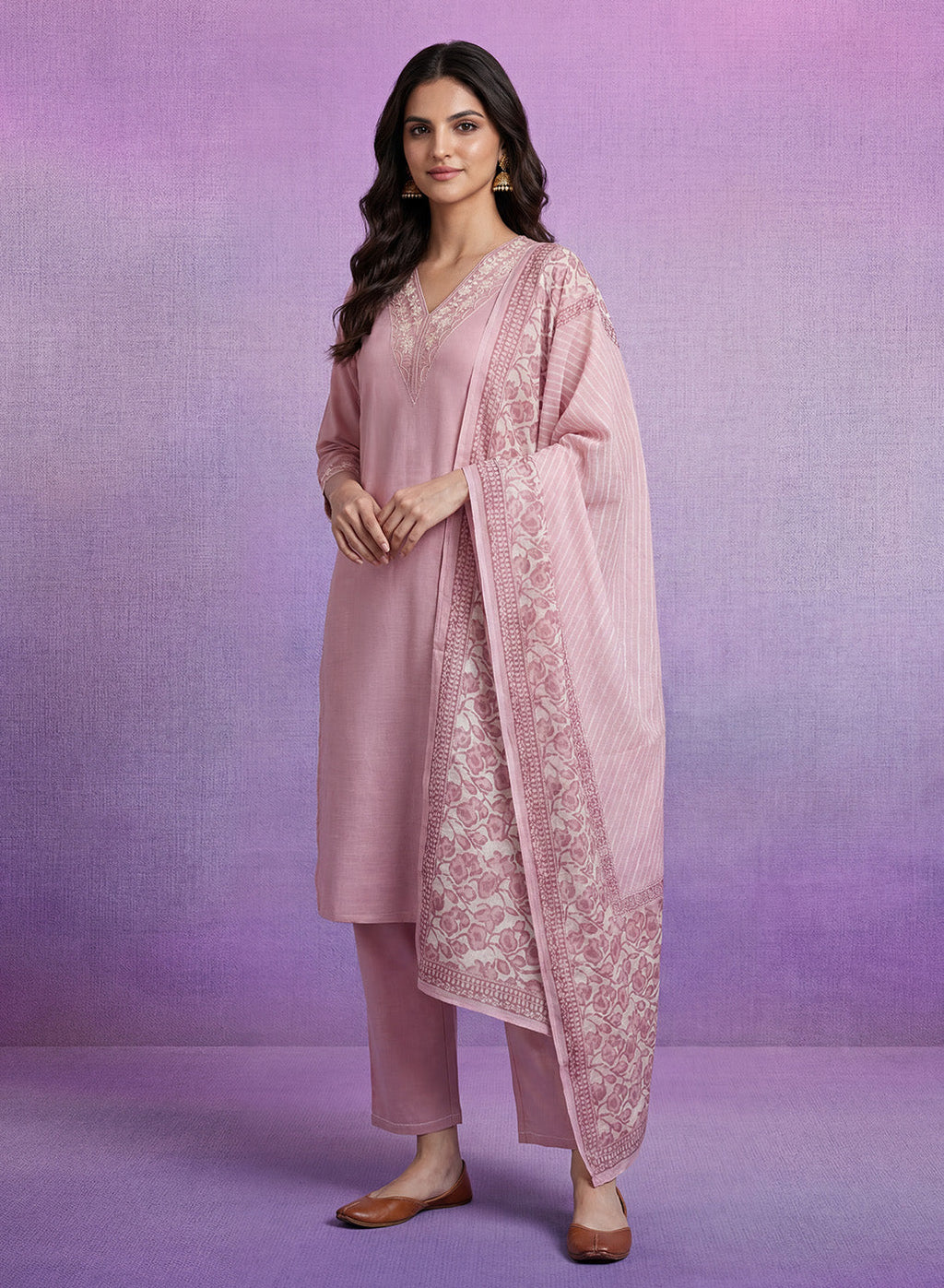 Pink mbroidered Suit Set with Dupatta