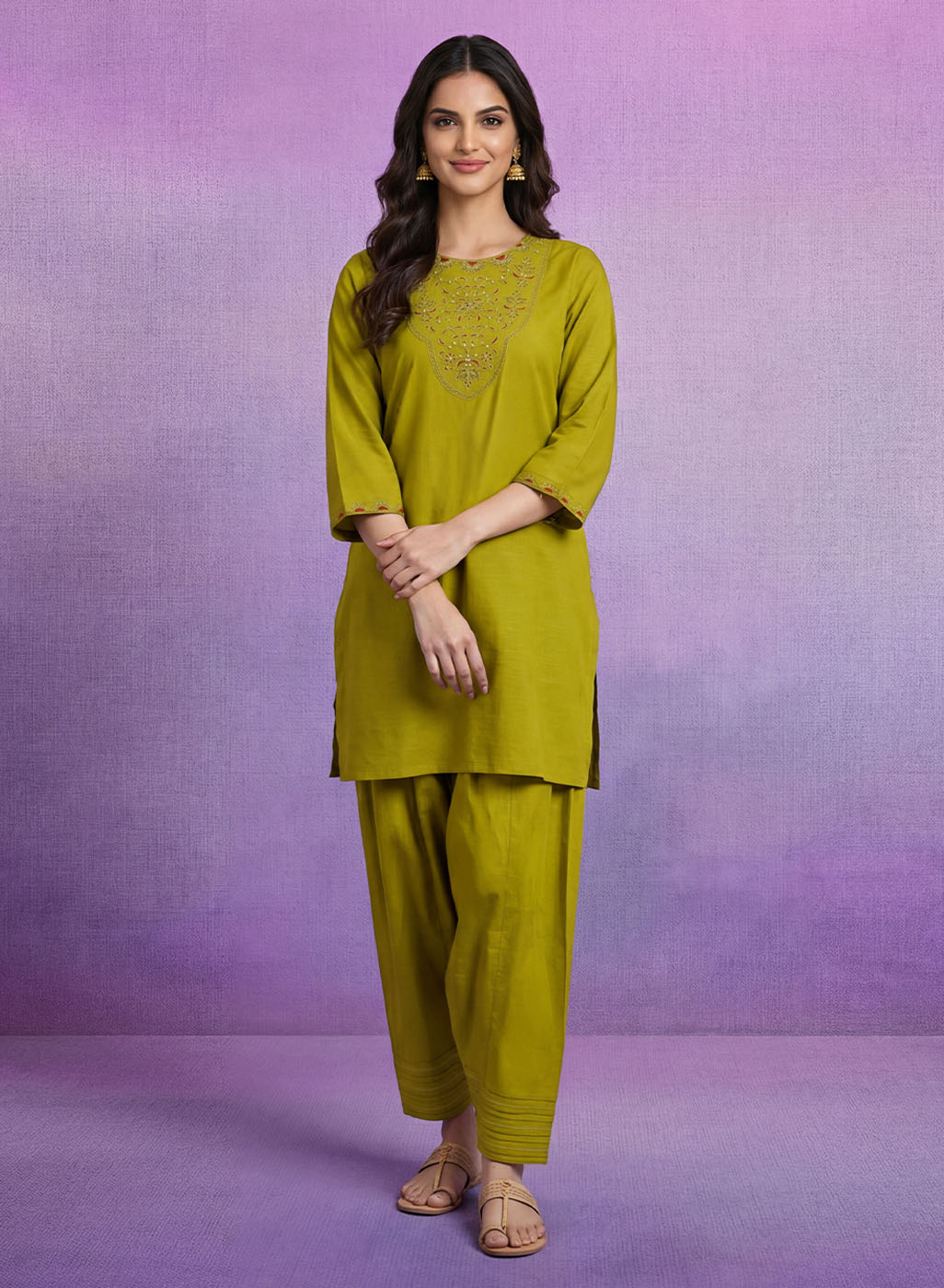 Green Embroidered Cotton blend Kurta Set