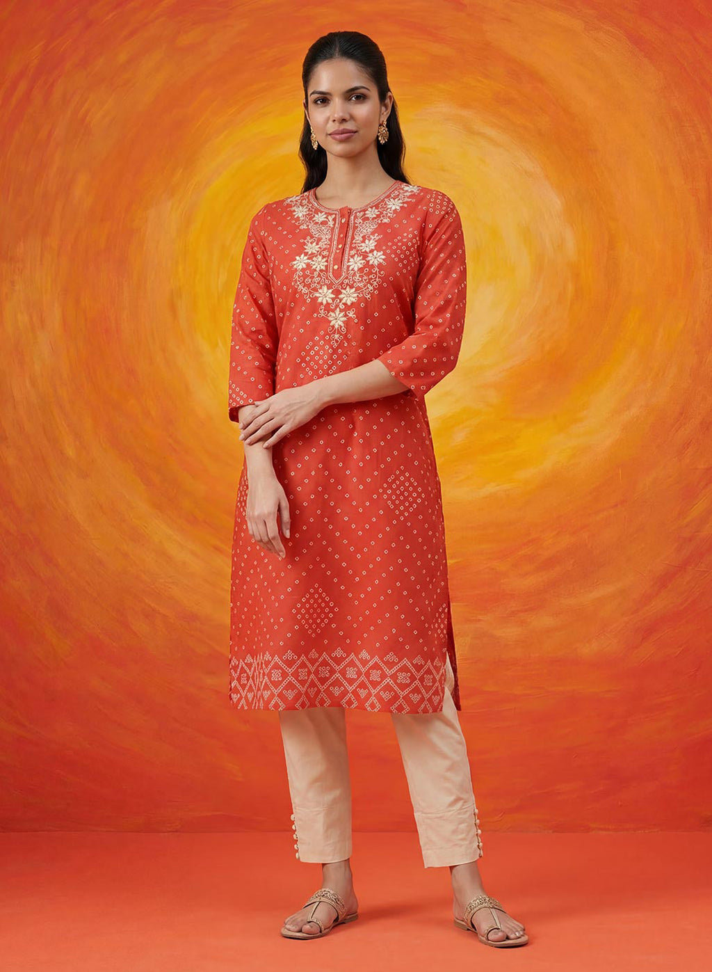 Khas Orange Bandhni Printed Straight Kurta