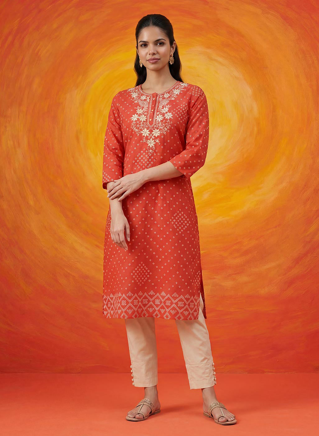Khas Orange Bandhni Printed Straight Kurta