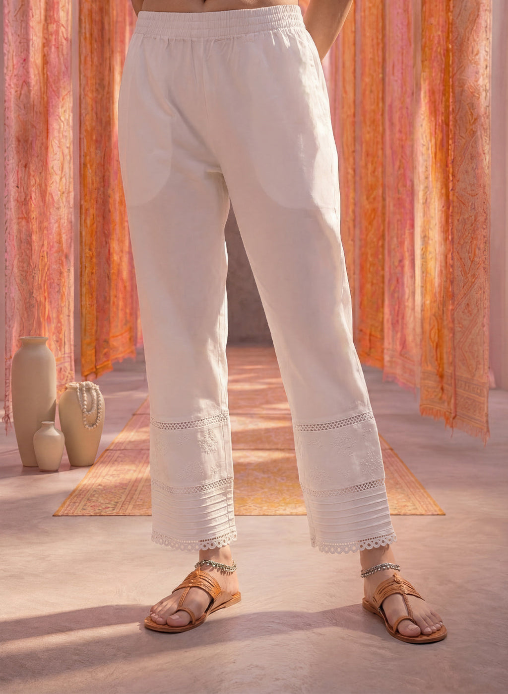 White Lycra Embroidered Straight-Fit Palazzos