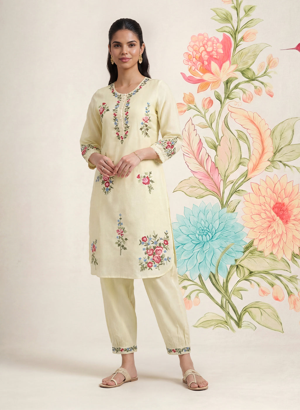 Saavan Light Green Embroidered Cotton blend Kurta Set