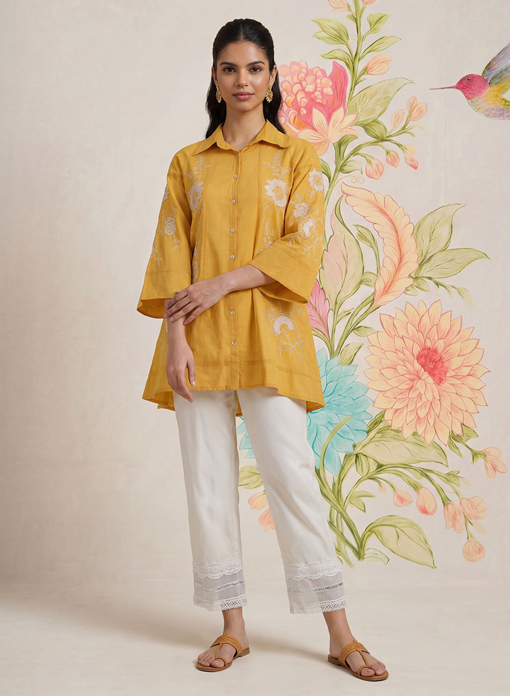 Maitri Mustard Embroidered A-line Tunic