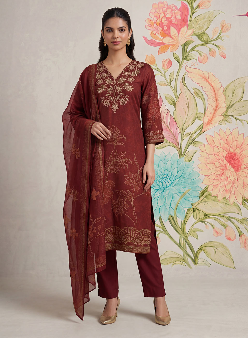 Kasni Maroon Printed Suit Set with Dupatta