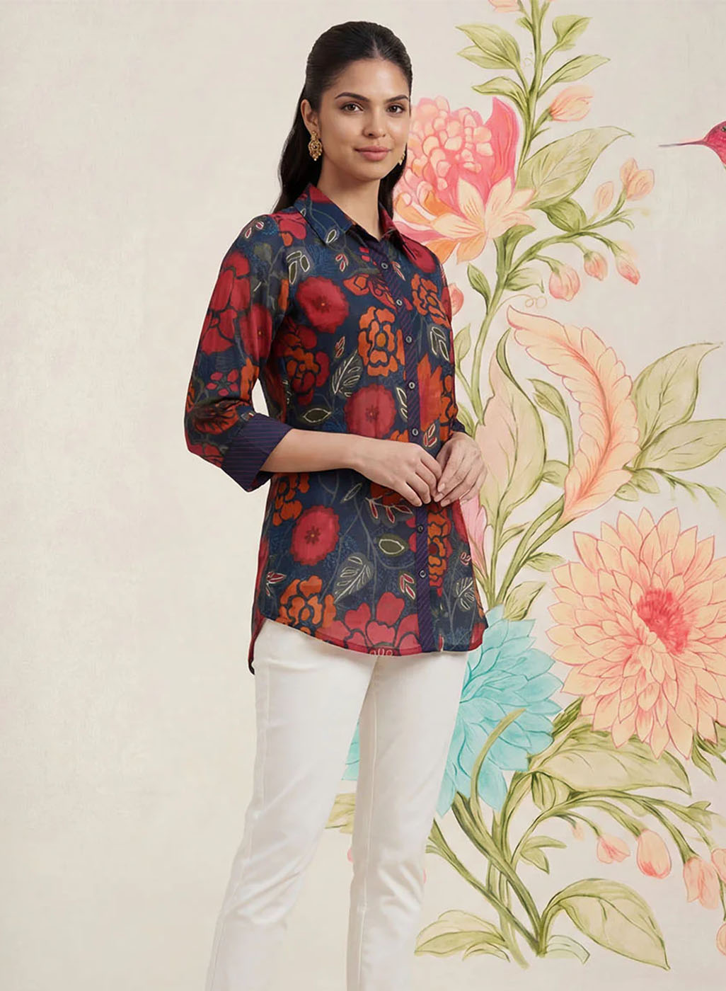 Survani Navy Floral Printed Cotton Shirt