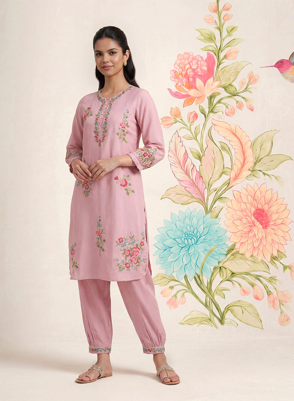 Saavan Pink Embroidered Cotton blend Kurta Set
