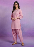 Pink Embroidered Cotton blend Kurta Set