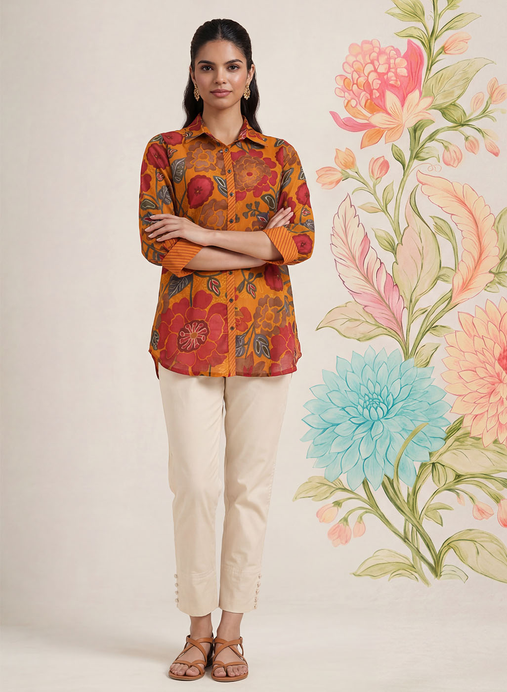 Survani Mustard Floral Printed Cotton Shirt