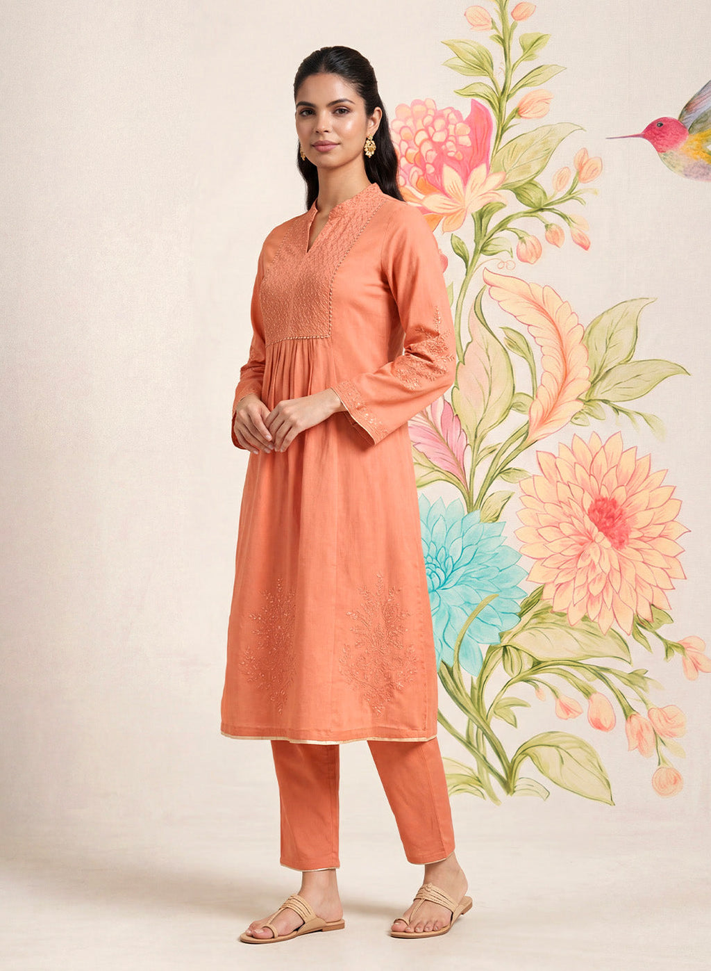 Malang Light Orange Embroidered A-line Kurta Set