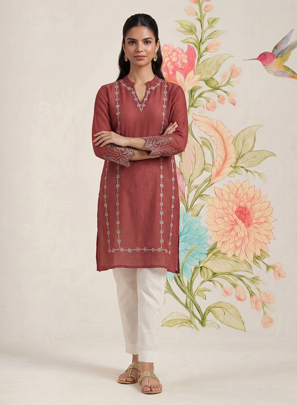 Akshi Red Embroidered A-line Linen-blend Tunic