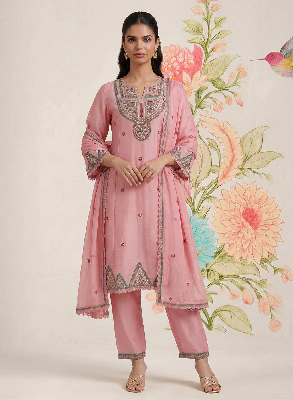 Albeli Baby Pink Embroidered A-line Suit Set with Dupatta