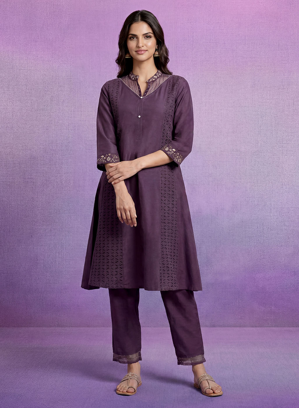 Purple Embroidered A-line Kurta Set