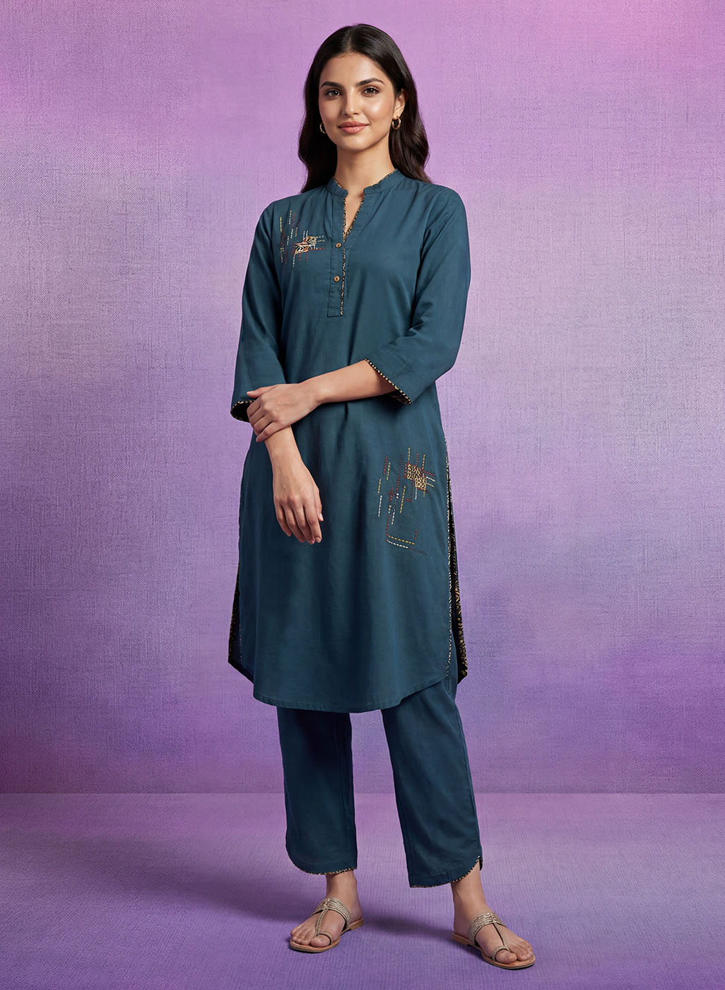 Teal Applique-work Kurta Set