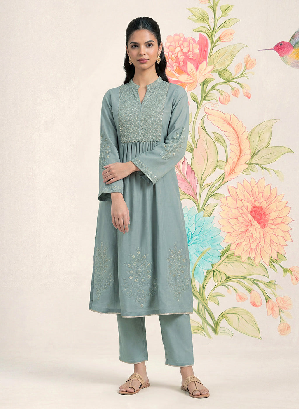 Malang Green Embroidered A-line Kurta Set