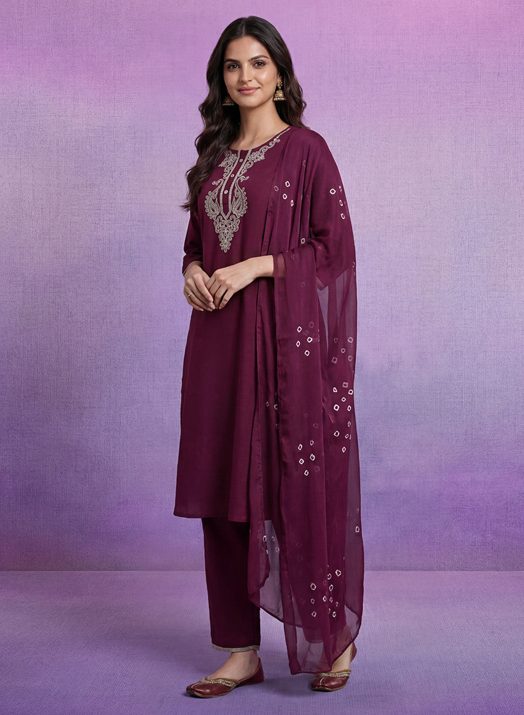 Wine Embroidered Straight Suit Set with Dupatta