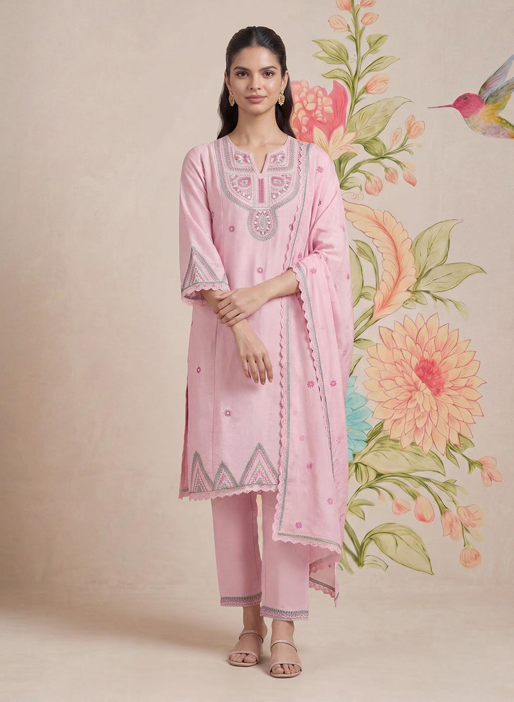 Albeli Pink Embroidered A-line Suit Set with Dupatta