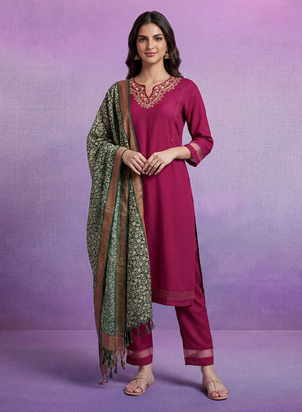 Fuchsia Embroidered Suit Set with contrast Dupatta
