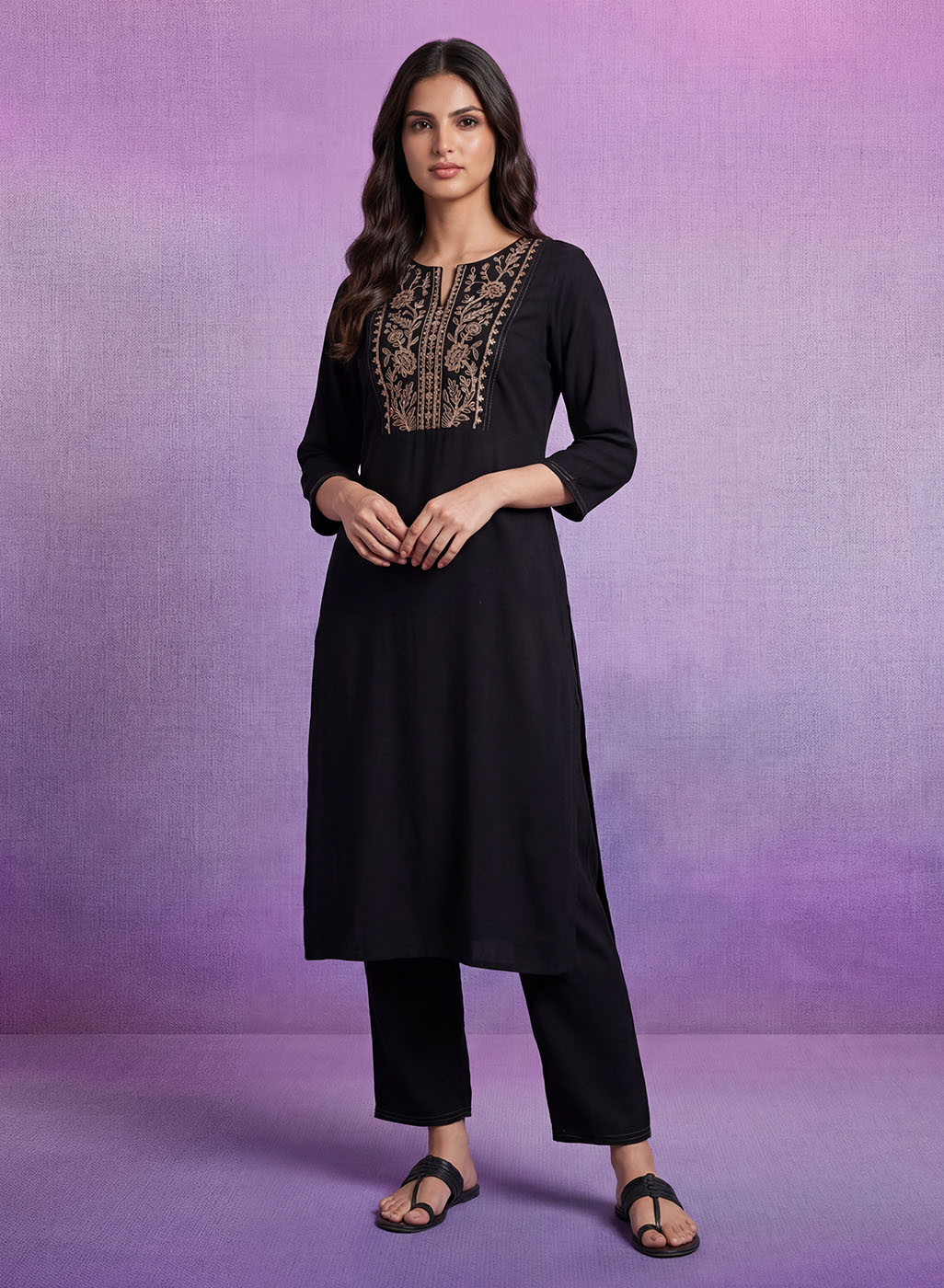 Black Cotton Blend Embroidered Co-ord Set