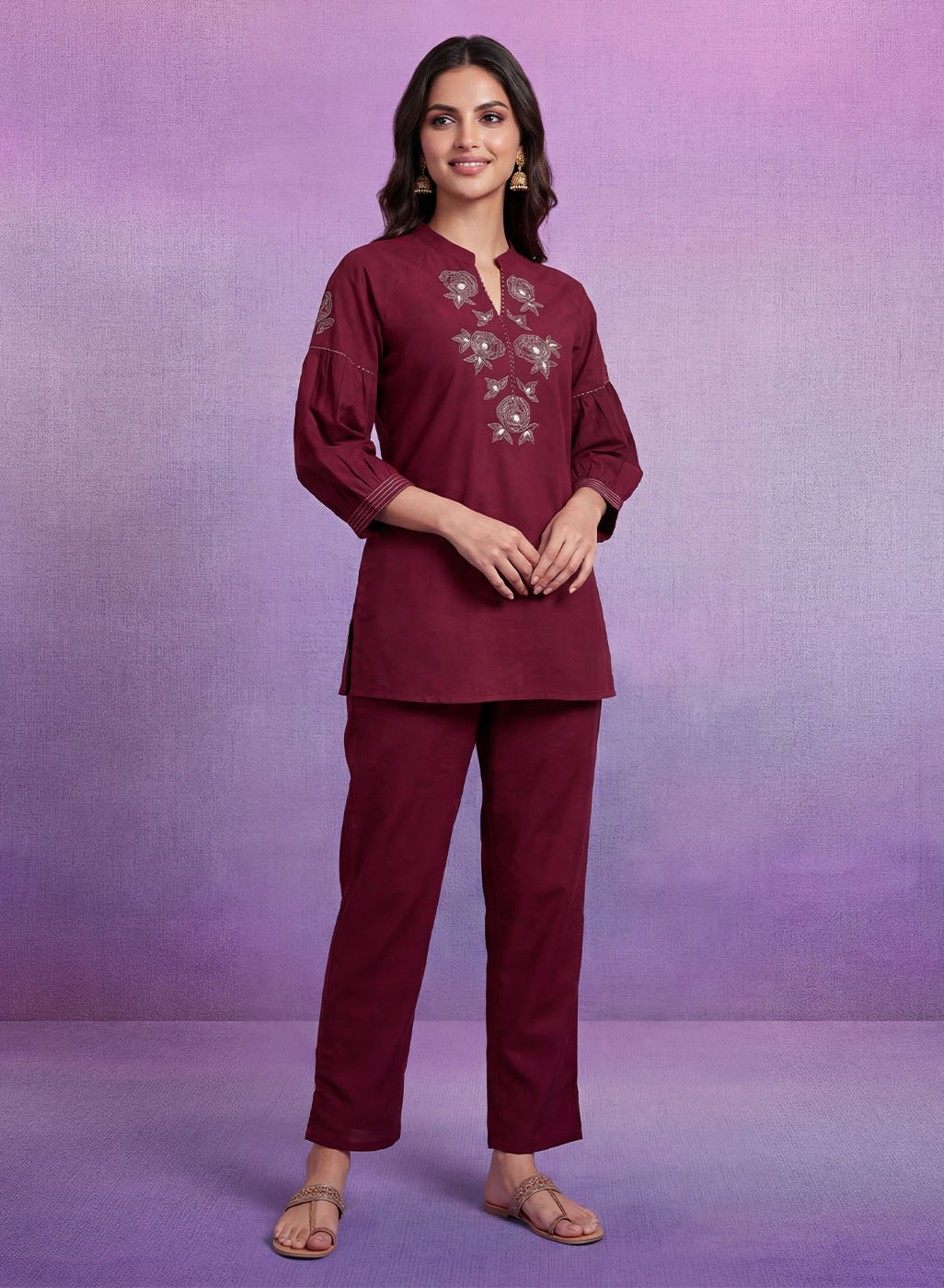 Maroon Embroidered Co-ord Set