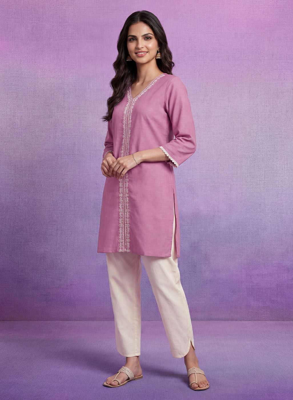 Lavender Embroidered Straight Kurta Set