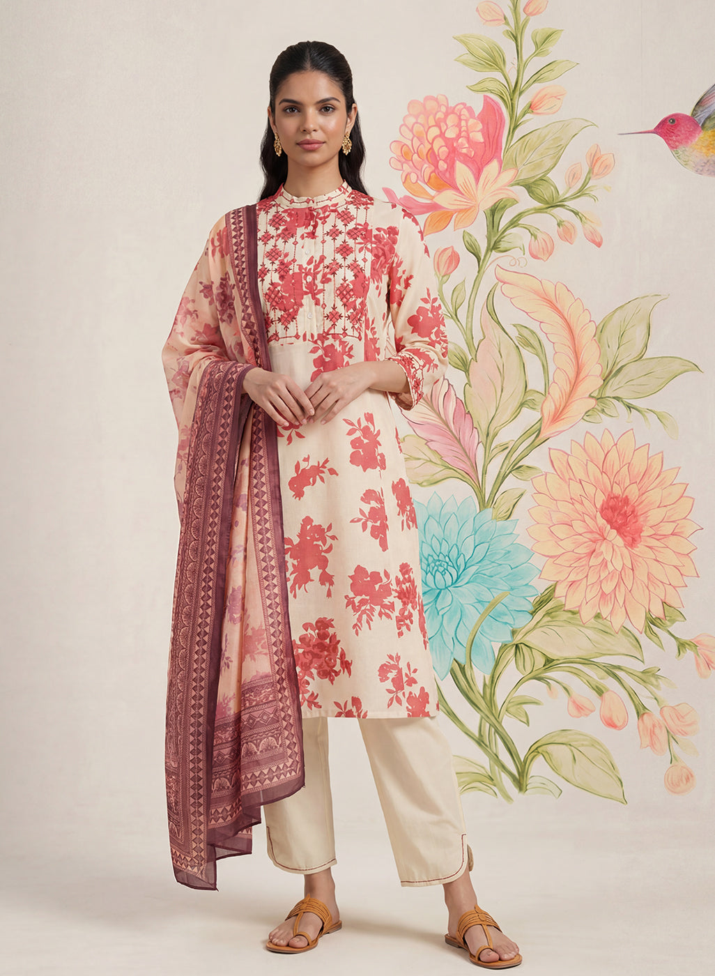 Falguni Red Printed Cotton Suit Set with Dupatta