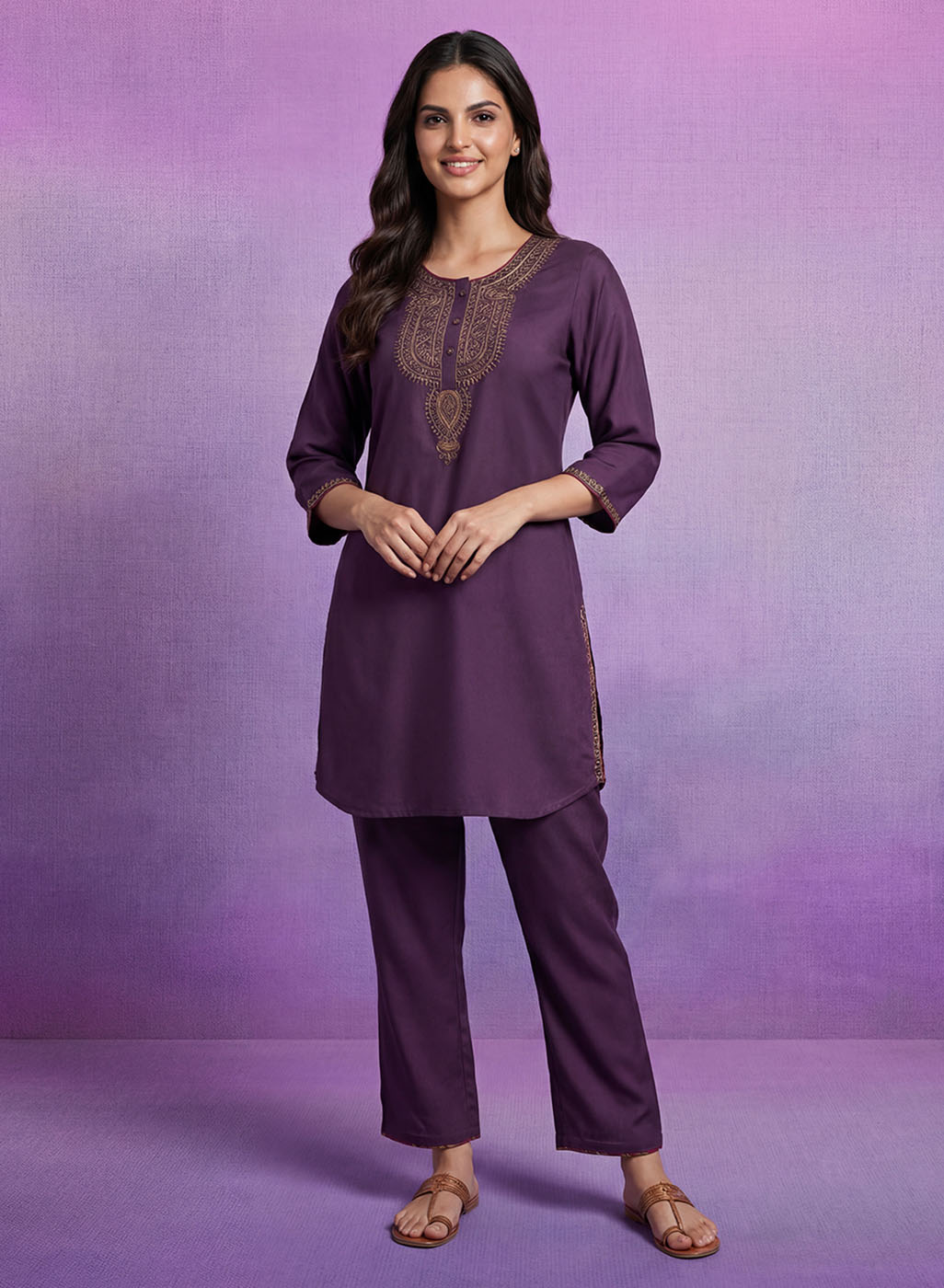 Purple Embroidered Suit Set and Dupatta