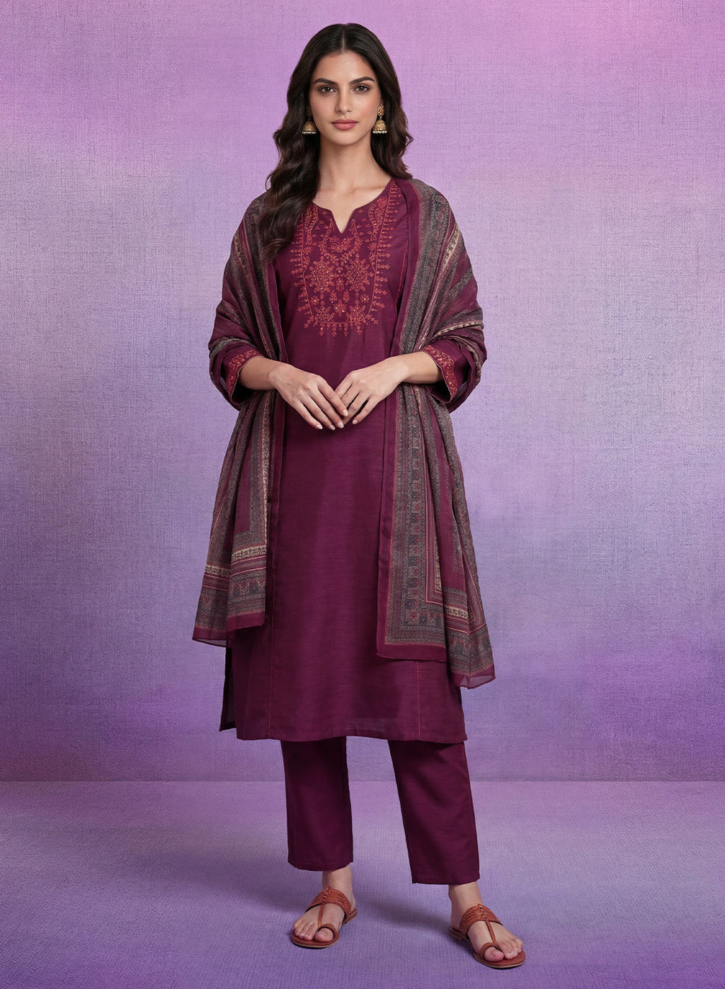 Wine Embroidered Suit Set with Dupatta
