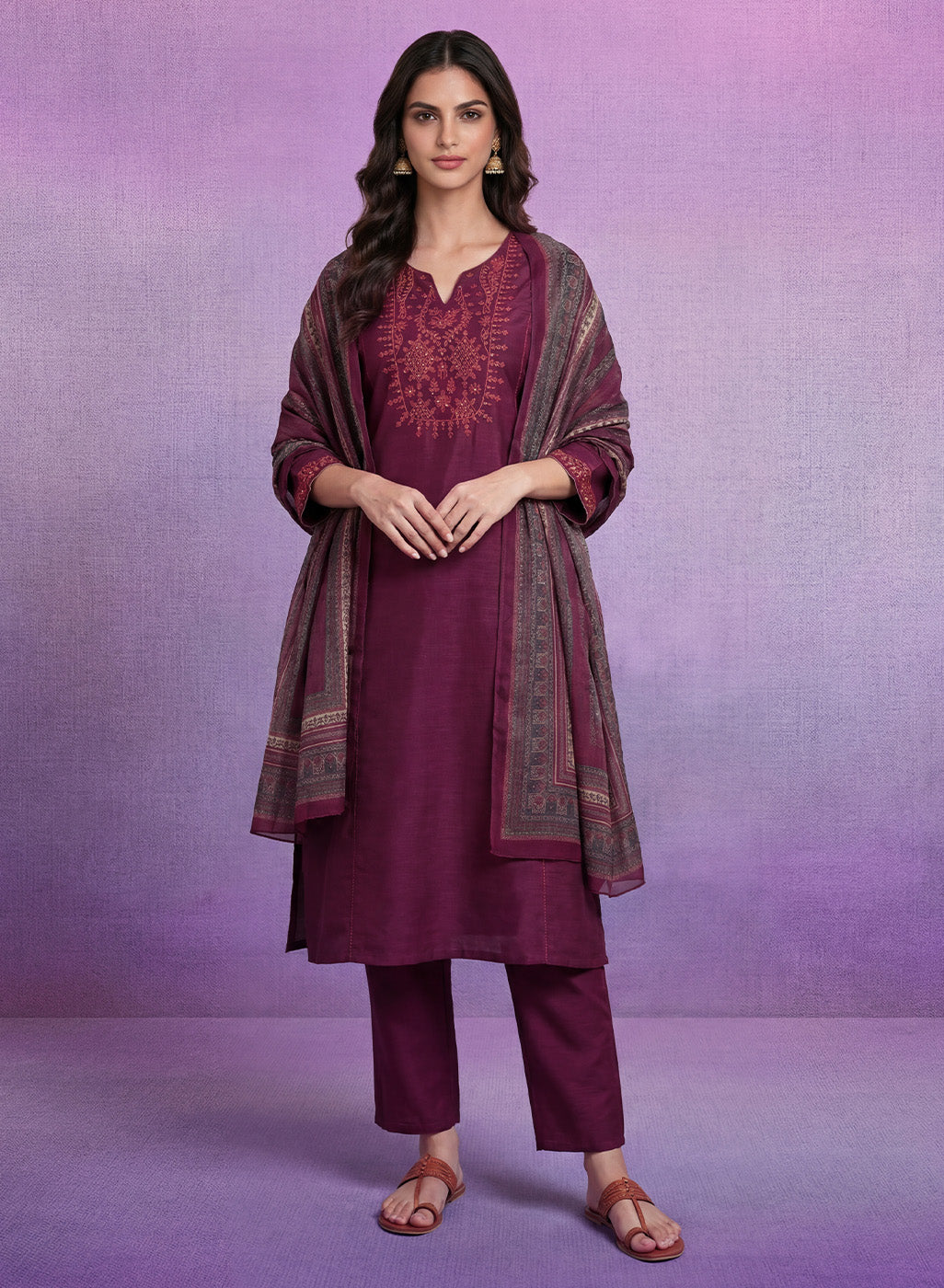 Wine Embroidered Suit Set with Dupatta