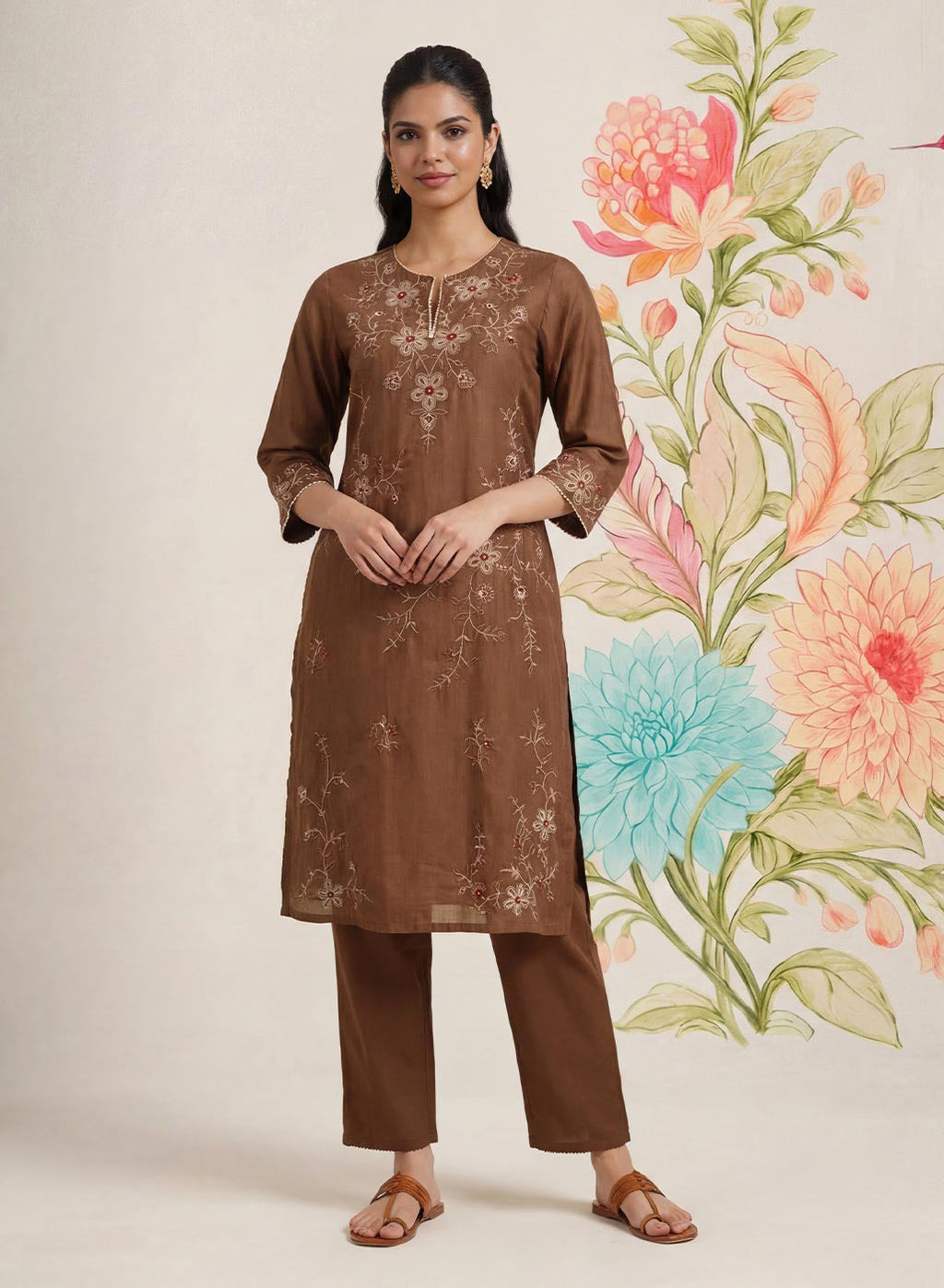 Jogan Brown Embroidered Chanderi Kurta Set