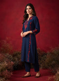Navy Blue Embroidered Cotton Blend Everyday Kurta