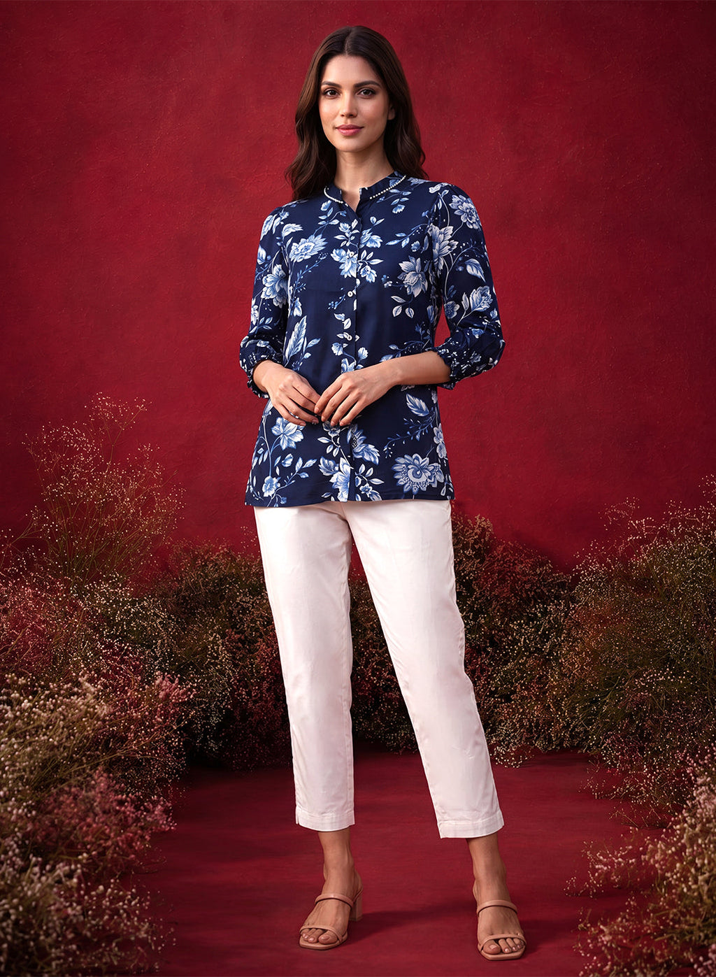 Navy All Over Printed Satin Shirt