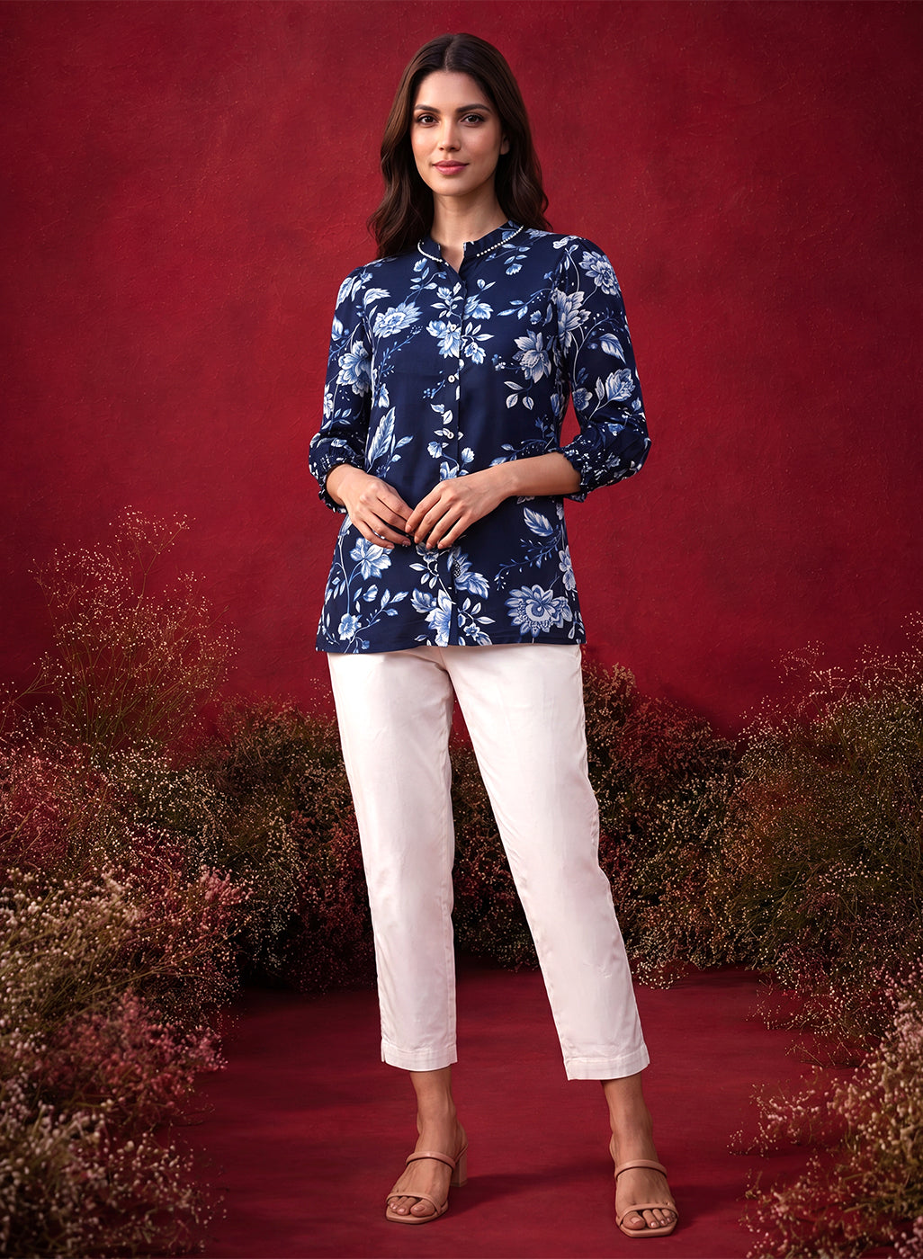 Navy All Over Printed Satin Shirt