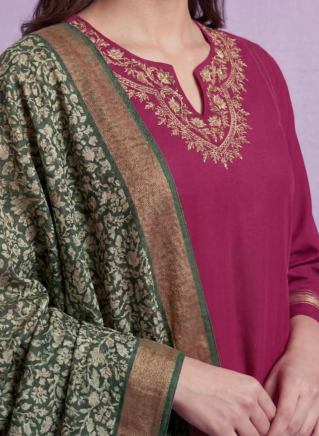 Fuchsia Embroidered Suit Set with contrast Dupatta
