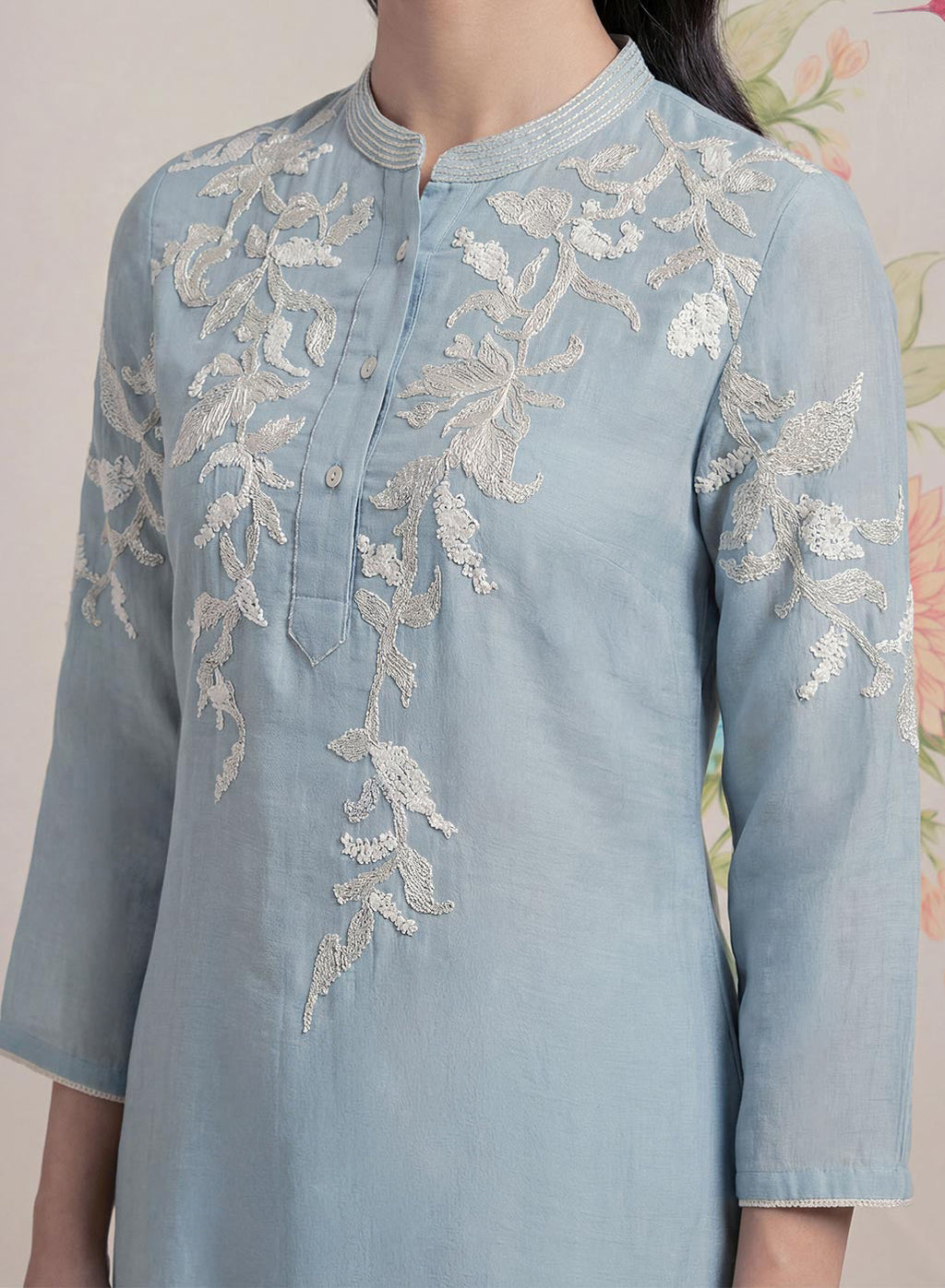 Intira Blue Embroidered A-line Kurta