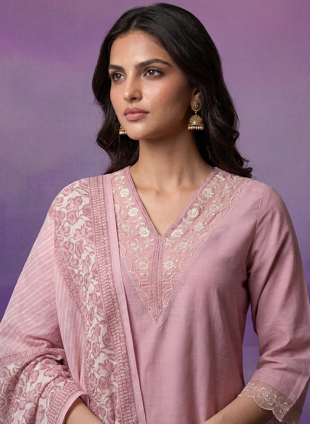 Pink mbroidered Suit Set with Dupatta