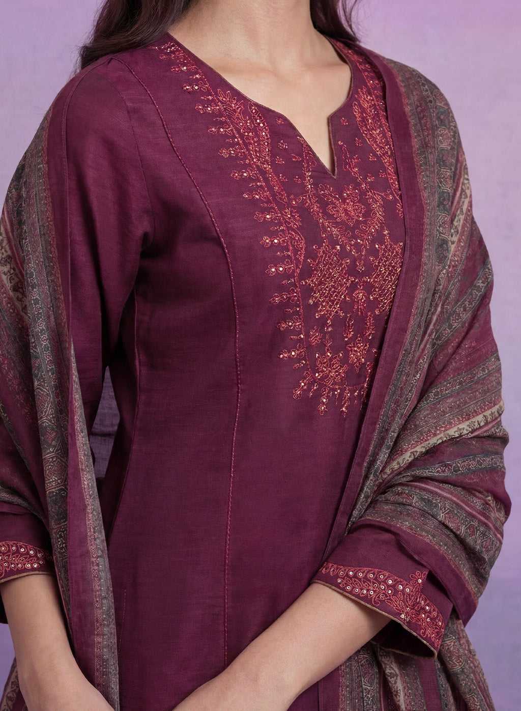 Wine Embroidered Suit Set with Dupatta