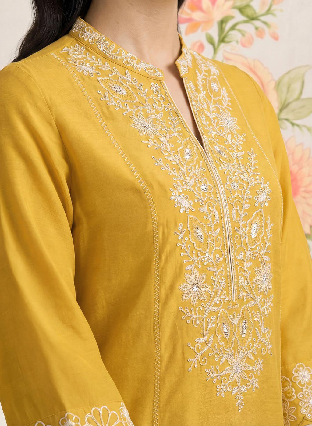 Saroja Yellow Embroidered A-line Kurta Set