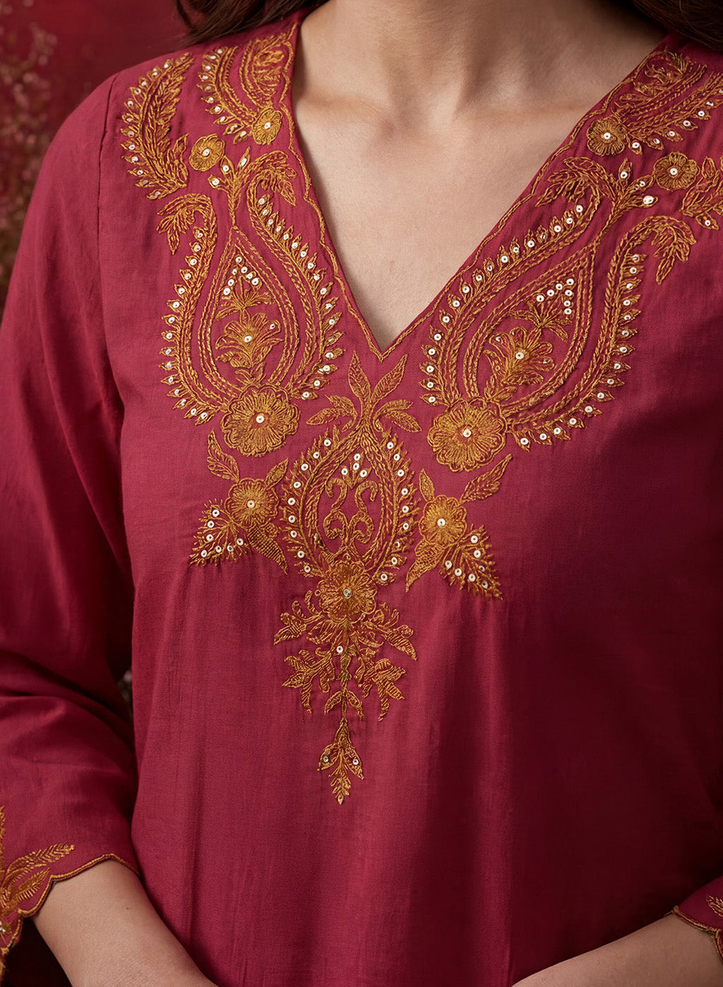 Fuchsia Embroidered Cotton Blend Regular Kurta Set