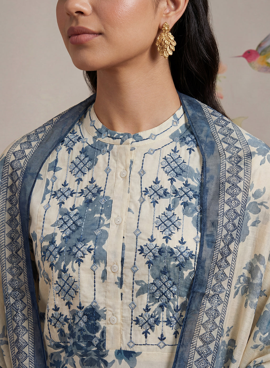 Falguni Blue Printed Cotton Suit Set with Dupatta