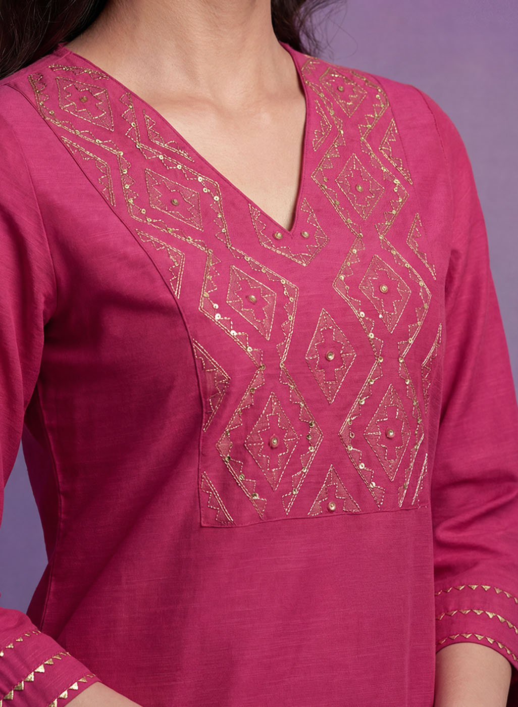 Fuchsia Cotton Blend Embroidered Kurta Set