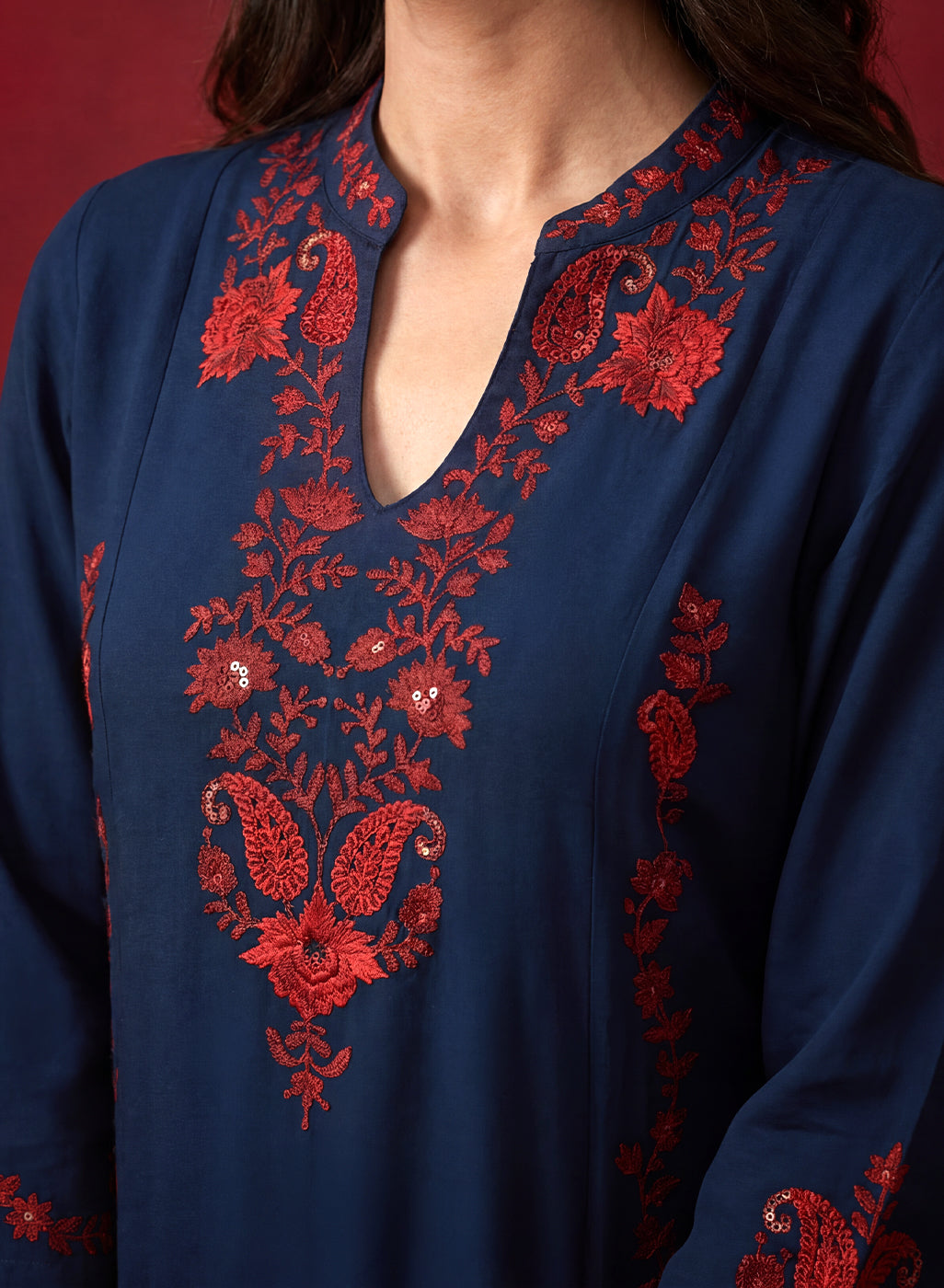 Navy Blue Embroidered Cotton Blend Everyday Kurta