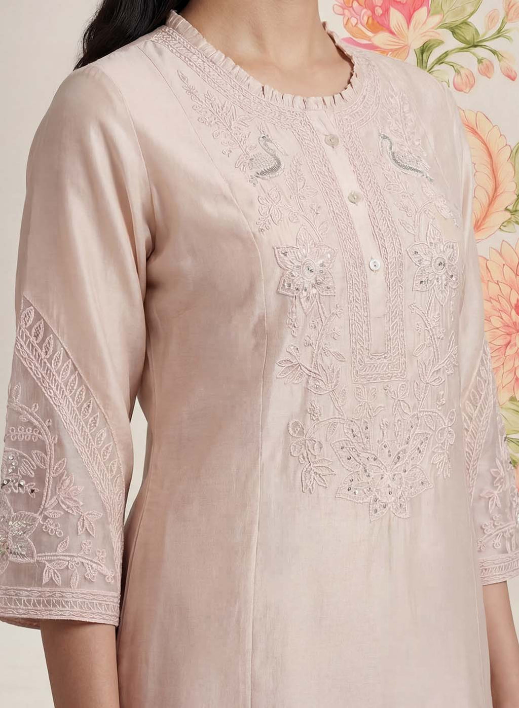 Suroor Light Beige Embroidered Chanderi Kurta Set